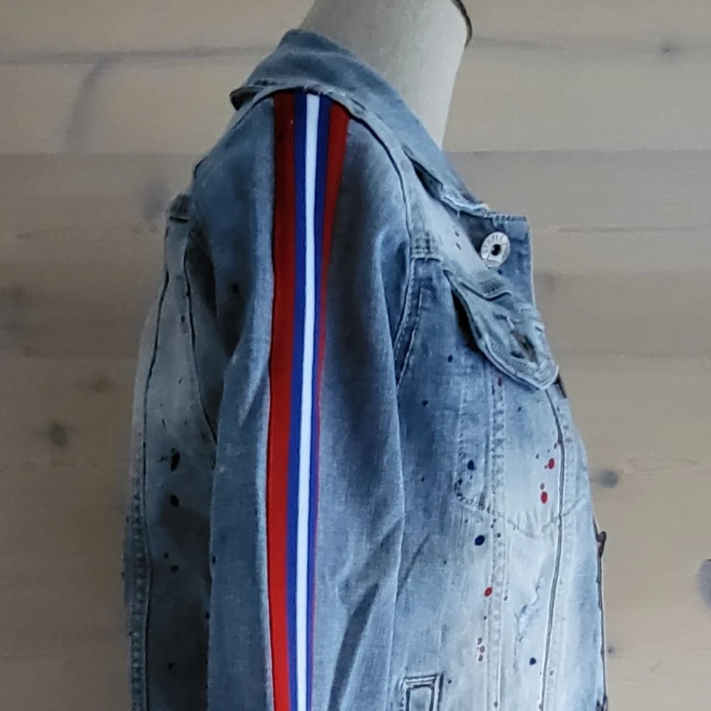 Jeff Staple Splatter Striped Distressed Denim Jean Jacket Unisex XS / W S-M, NWT